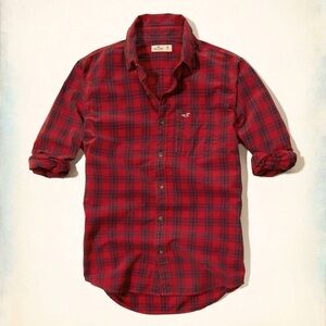 Hollister Plaid Long Sleeve Button Up Holiday Festive Shirt Men Small Red
